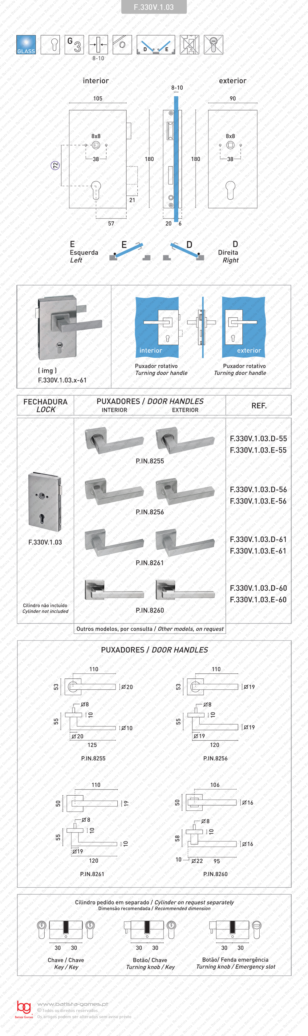Fechadura para porta de vidro - para puxadores Rotativo / Rotativo